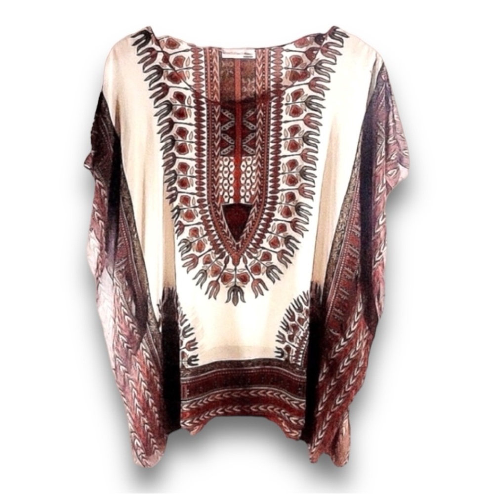 AGACI Vintage Sheer Caftan Top brown rust in a Tribal print One Size - Picture 5 of 6